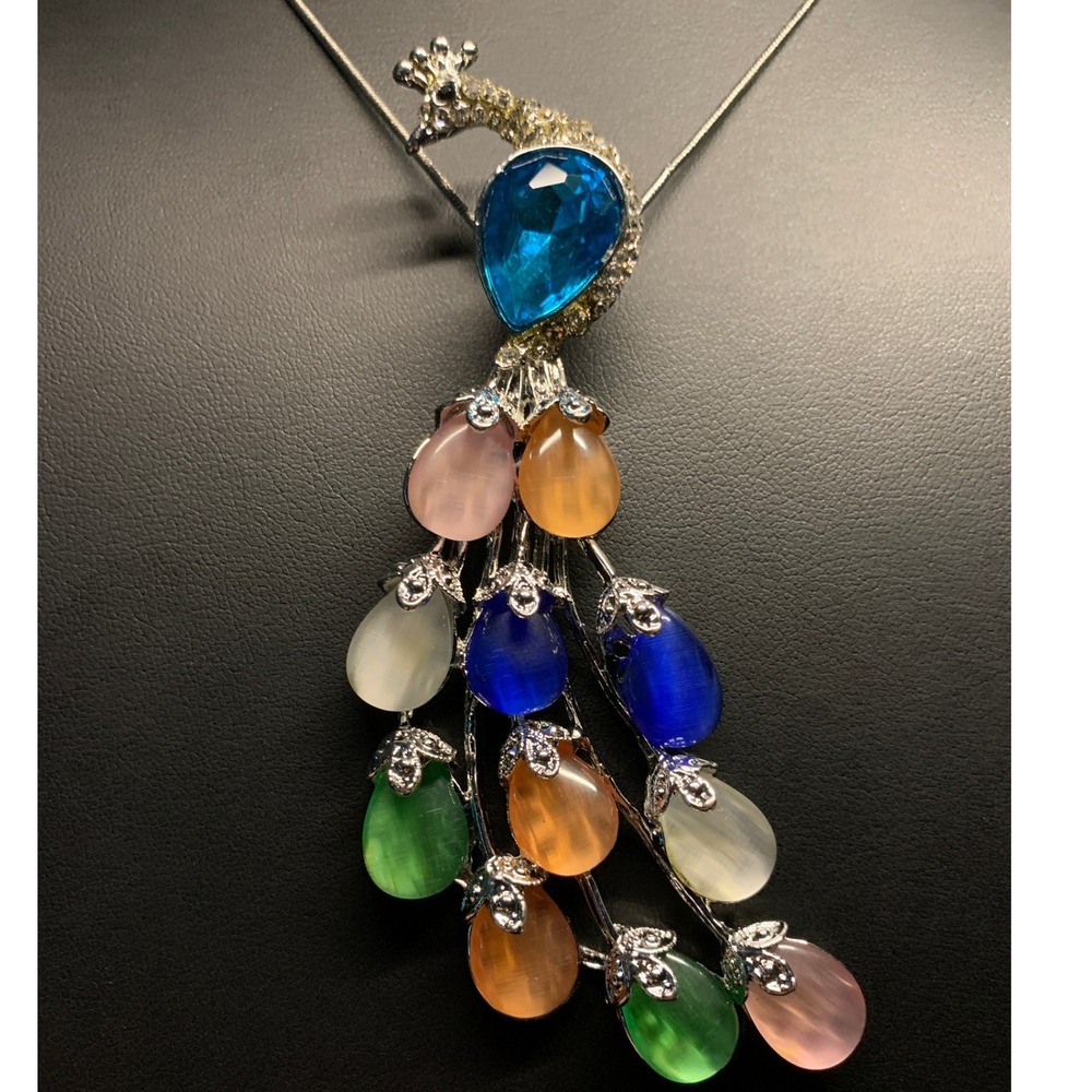 Multicolor Peacock Pendant Necklace Silver Tone Snake Chain Blue Crystal Accent
